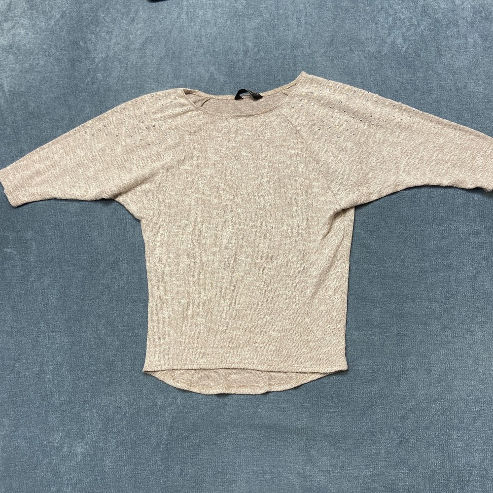 SJS Sweater Womens Large Petite Beige Tight Knit Rhinestone 3/4 Sleeve Winter